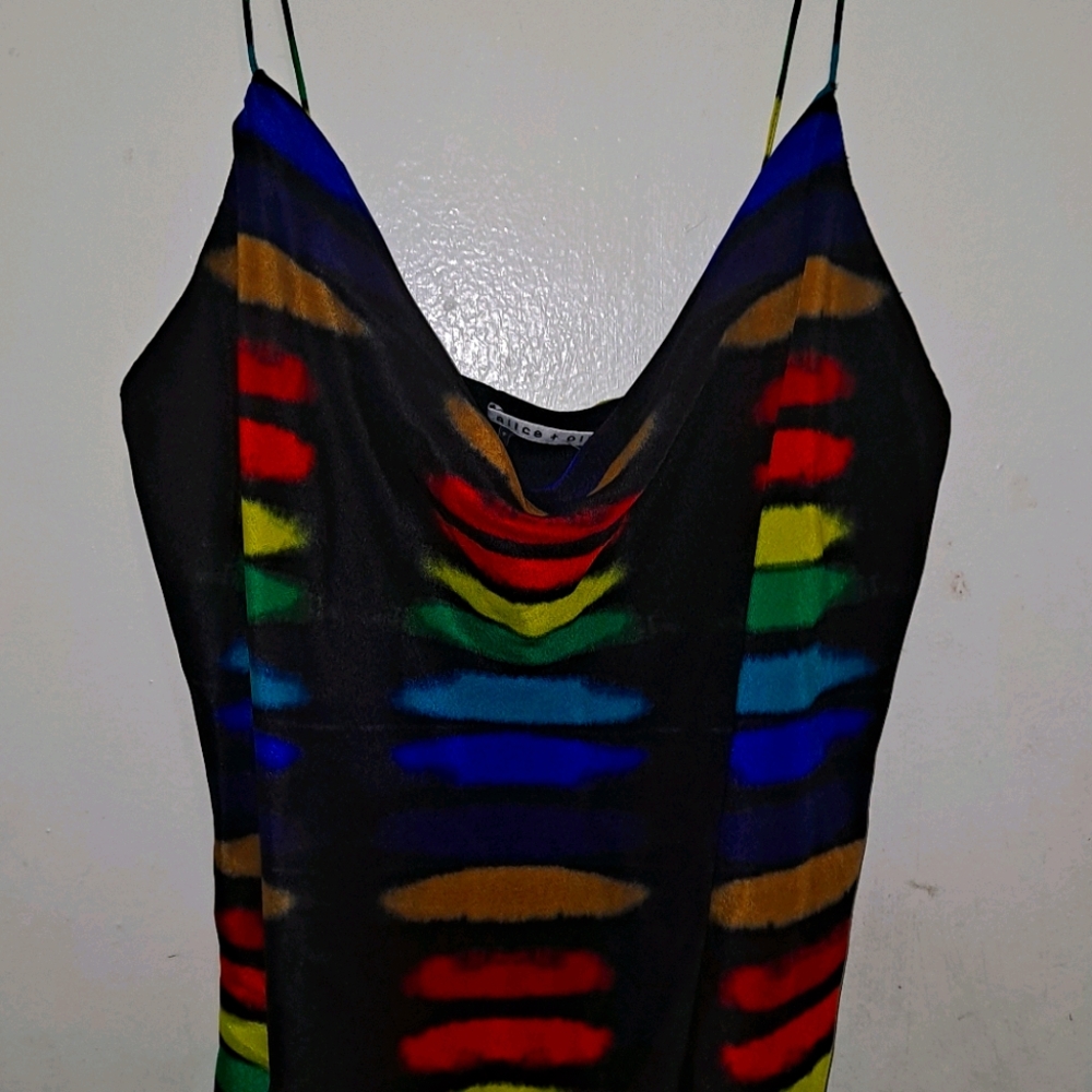Alice + Olivia Black Slip Tank with Rainbow Stripes